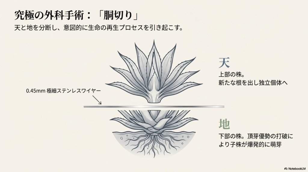 0.45mmの極細ステンレスワイヤーを用いてアガベを天と地に分断する外科手術「胴切り」のイメージ図
