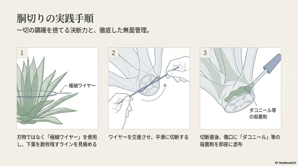 極細ワイヤーによる平滑な切断とダコニール等の殺菌剤塗布を行うアガベの胴切り実践手順図