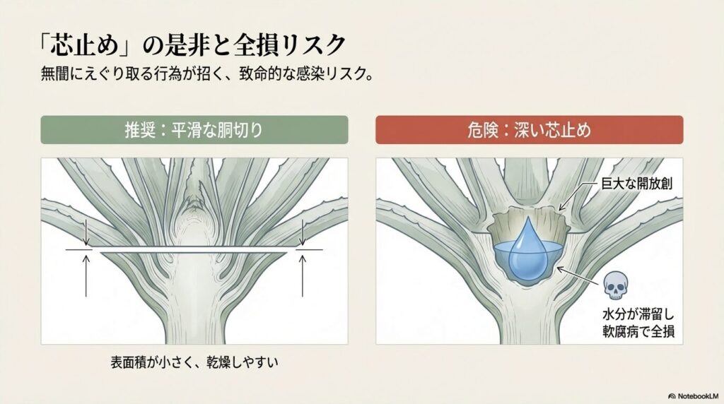 深い芯止めによる巨大な開放創への水分滞留と平滑な胴切りを比較した全損リスクの解説図