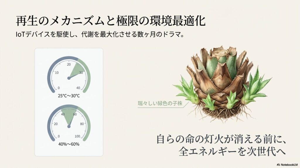 適切な温湿度管理のもと親株の切断面の周囲から瑞々しい緑色の子株が萌芽したアガベのイラスト