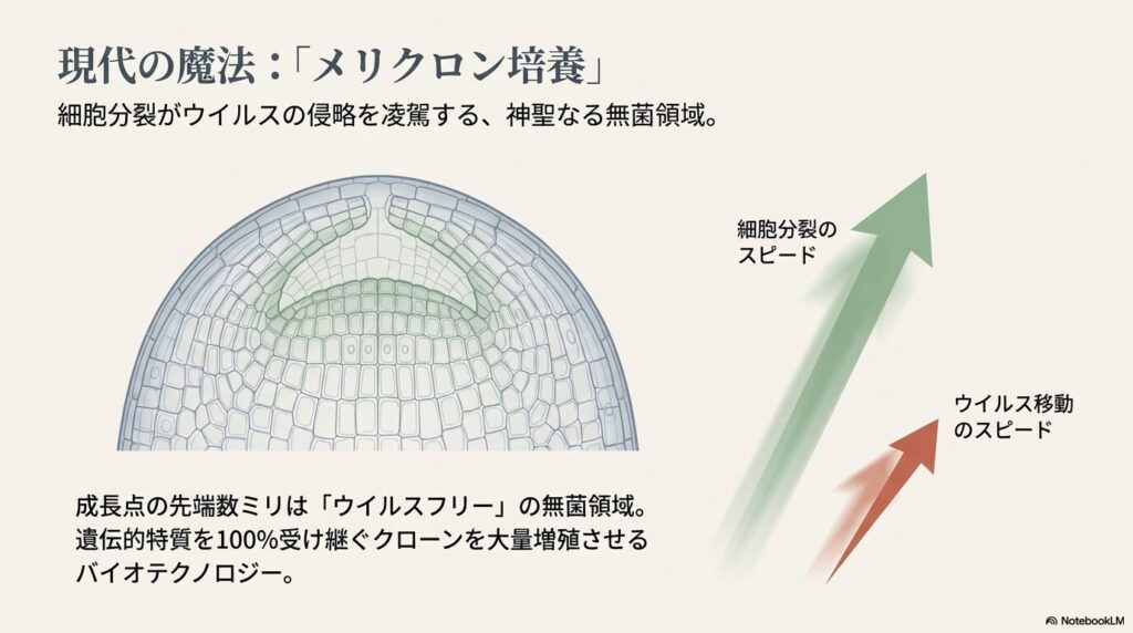 細胞分裂のスピードがウイルスの侵略スピードを凌駕する成長点先端のウイルスフリー領域の図