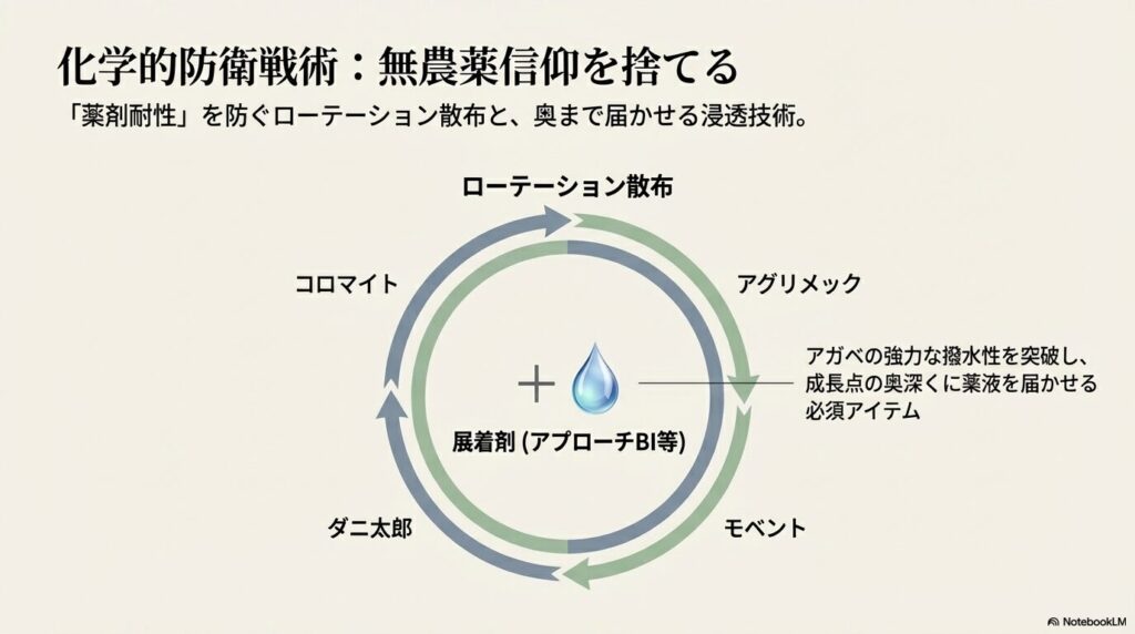 コロマイト、アグリメック、モベント、ダニ太郎によるローテーション散布と展着剤の併用サイクル図