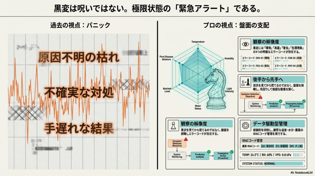 パニックにならず、温度や水分、農薬履歴などのデータ駆動型管理でアガベの黒変を防ぐプロの考え方