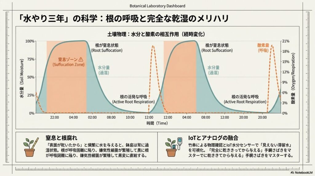 鉢内の水分量と酸素量の推移を示し、根が窒息する過湿状態から活発に呼吸する状態へのメリハリを解説したグラフ