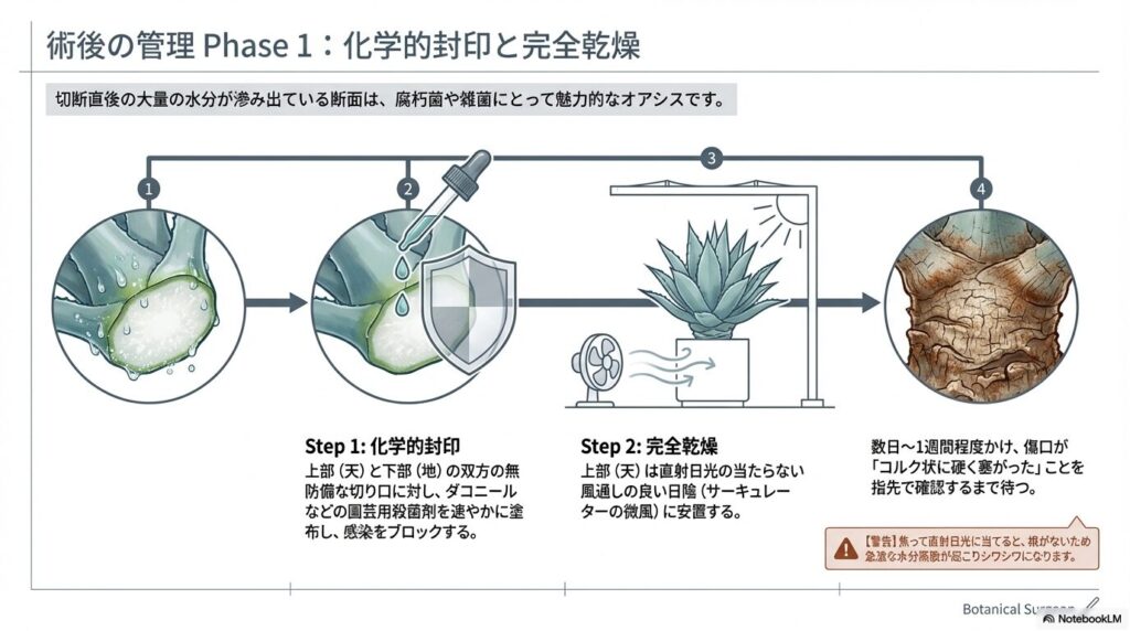 アガベの切断面への殺菌剤塗布と日陰での完全乾燥プロセス