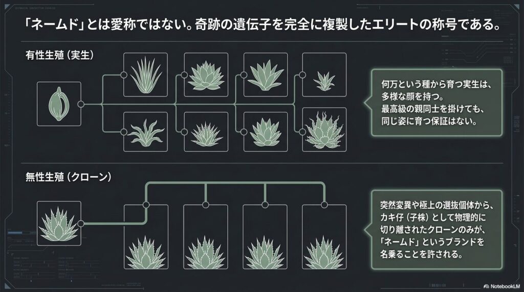 アガベの実生（有性生殖）とクローン（無性生殖）の遺伝的な違いを図解