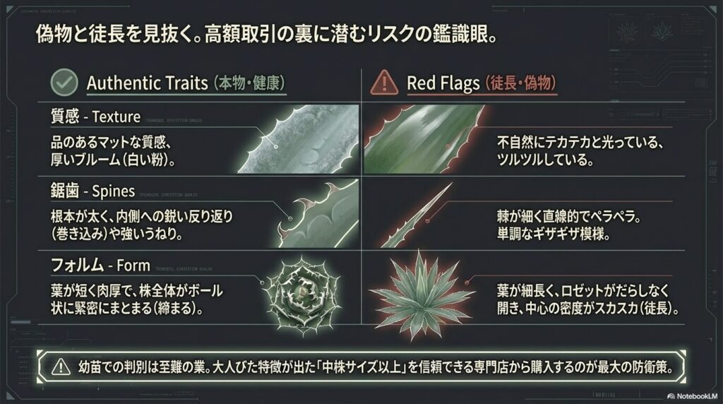 アガベのネームド品種の本物の特徴と偽物や徒長株を見抜くための鑑識眼チェックポイント