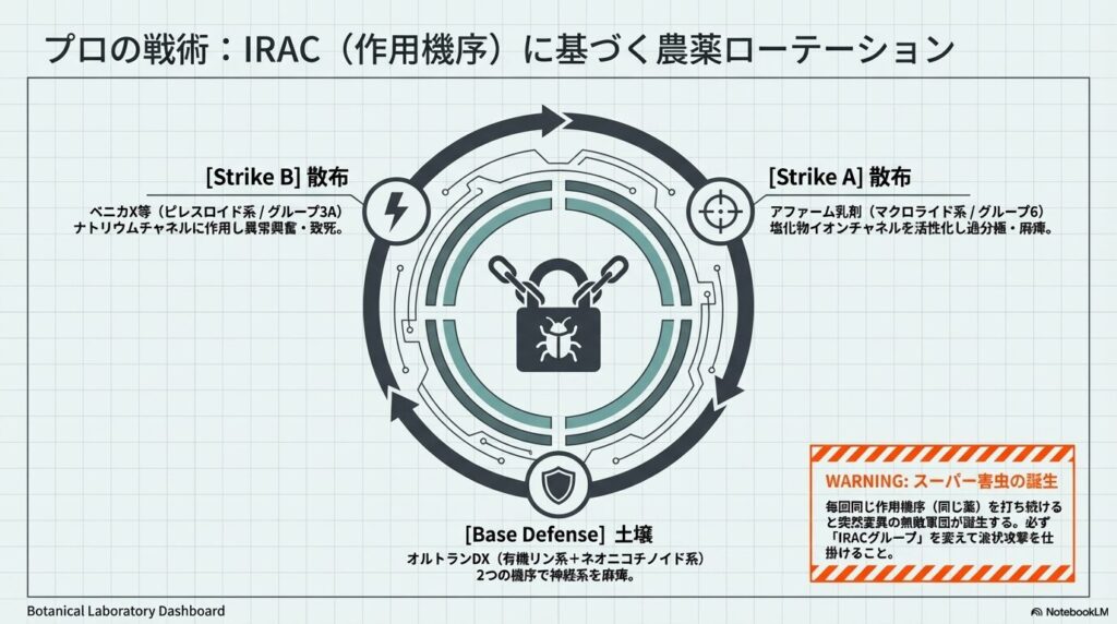害虫の薬剤耐性化を防ぐため、作用機序が異なるIRACグループの殺虫剤をローテーションで使用する防除戦略