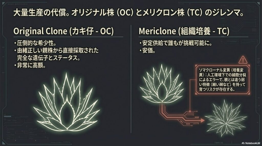 オリジナルクローン（OC）とメリクロン株（TC）の違いとソマクローナル変異（培養変異）のリスク
