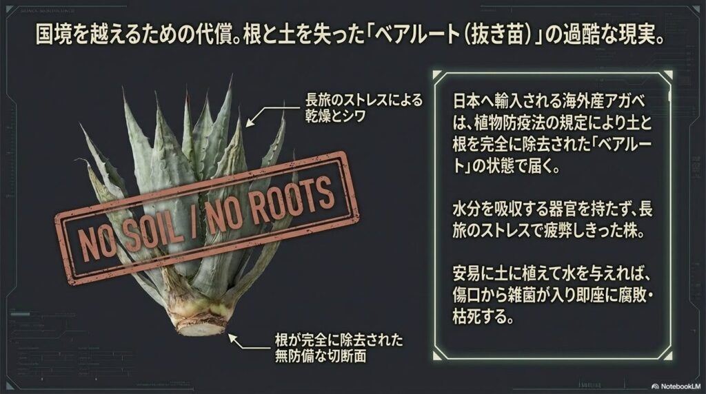 海外から輸入されるアガベの土と根が完全に除去されたベアルート（抜き苗）の過酷な状態