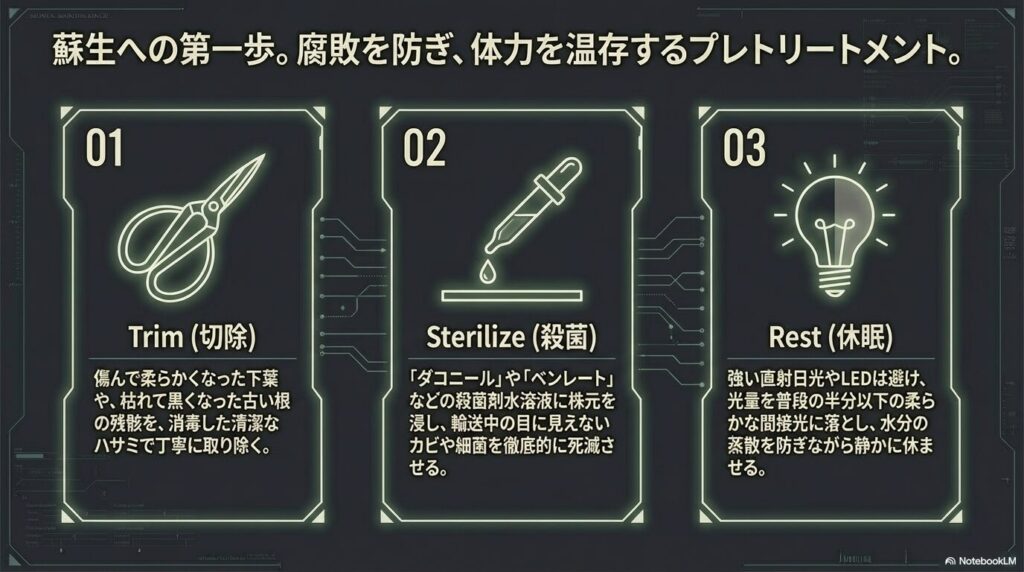ベアルート株を蘇生させるためのプレトリートメントである切除・殺菌・休眠の3ステップ