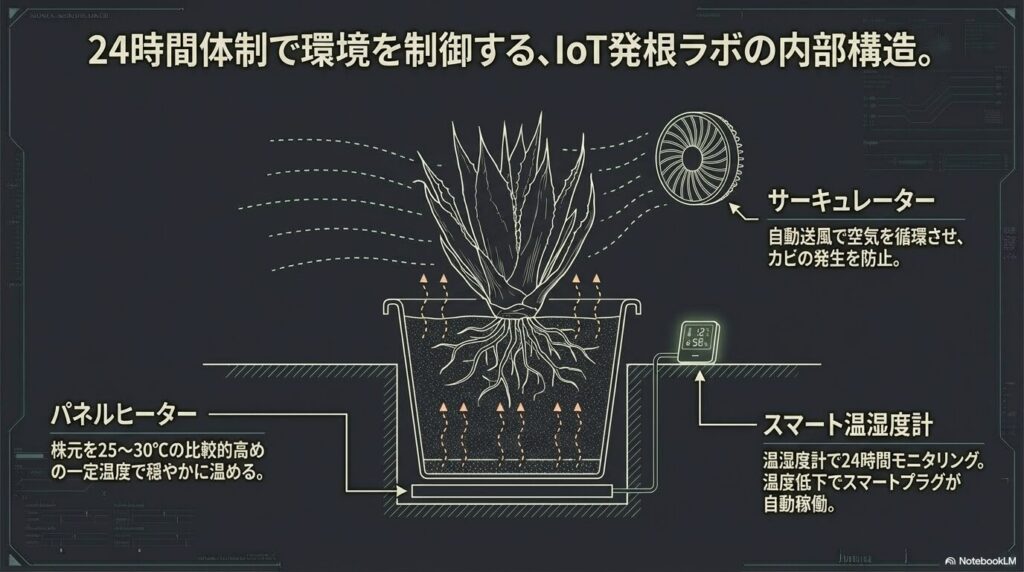 パネルヒーター、サーキュレーター、スマート温湿度計を用いた24時間体制のIoT発根管理ラボの構造