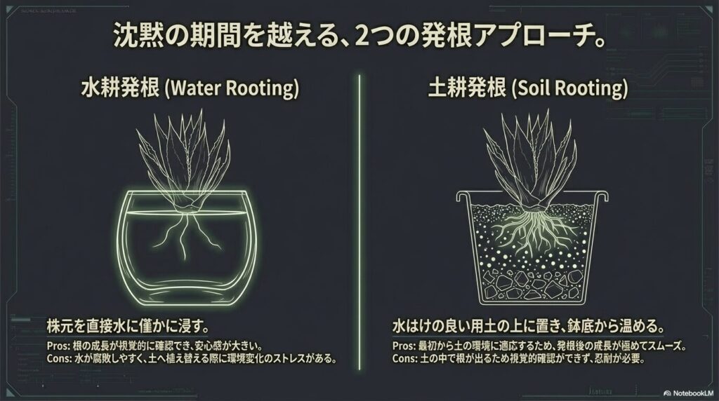 アガベのベアルート株における水耕発根と土耕発根のメリット・デメリットの比較