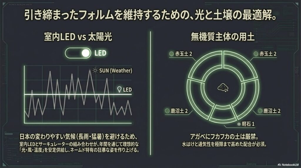 室内LED育成による安定した光量制御と赤玉土・鹿沼土・軽石を用いた無機質主体の用土配合比率