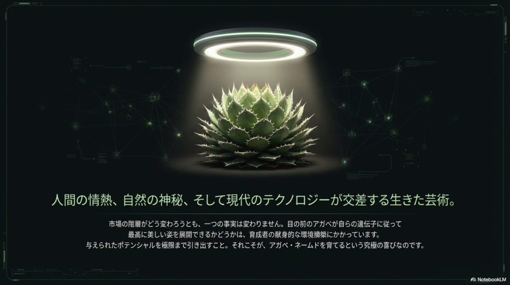 人間の情熱と自然の神秘、テクノロジーが交差するアガベ育成の究極の喜びを示すメッセージ