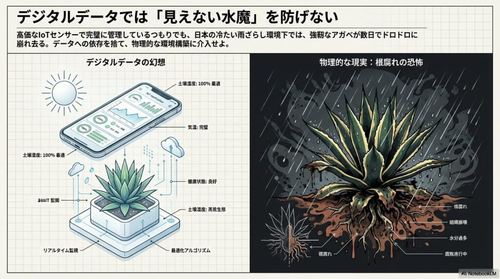 デジタルデータによるアガベ管理の幻想と物理的な根腐れの現実を示す図解