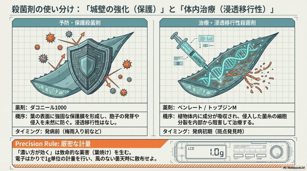 表面に保護膜を張る予防殺菌剤ダコニールと、内部から治療する浸透移行性殺菌剤ベンレートの使い分けと厳密な計量方法