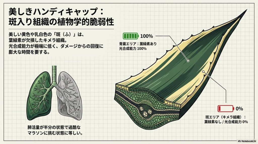 アガベ五色万代の斑入り組織における光合成能力の欠如と植物学的脆弱性の解説図