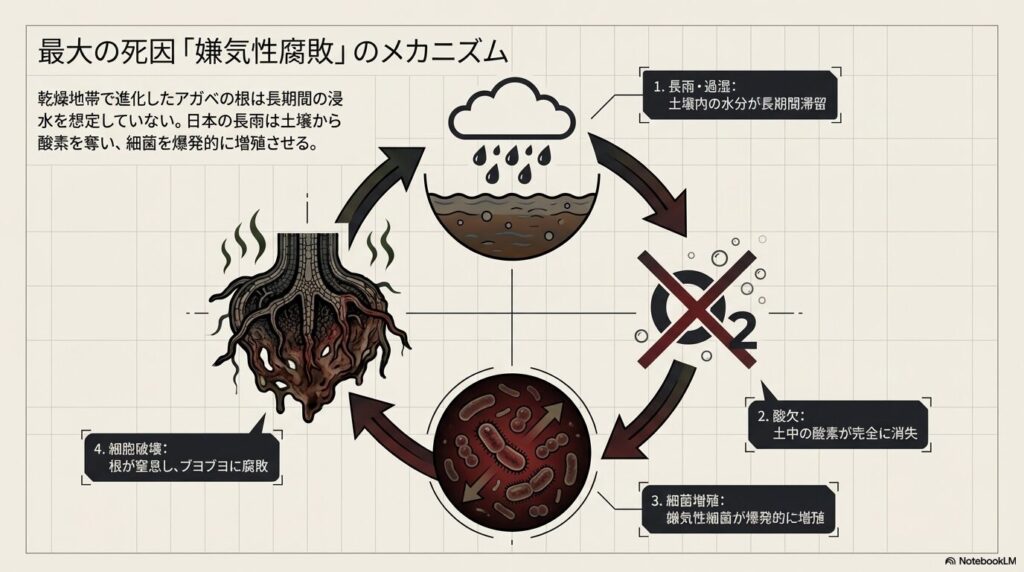 長雨による過湿から土中の酸素が消失し、アガベが嫌気性腐敗を起こすメカニズム