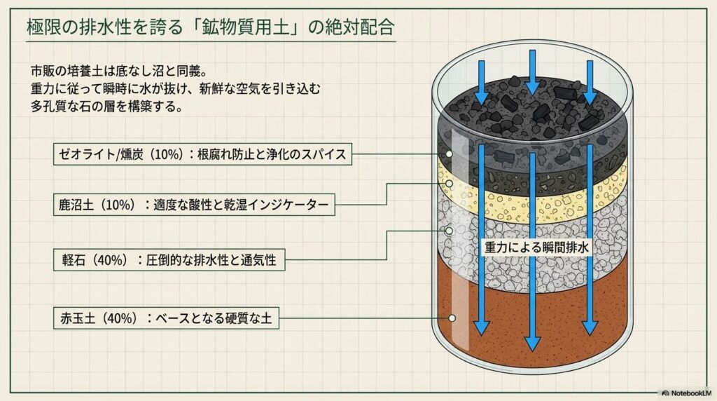 アガベの地植えに最適な赤玉土や軽石を中心とした極限の排水性を誇る鉱物質用土の配合比率図