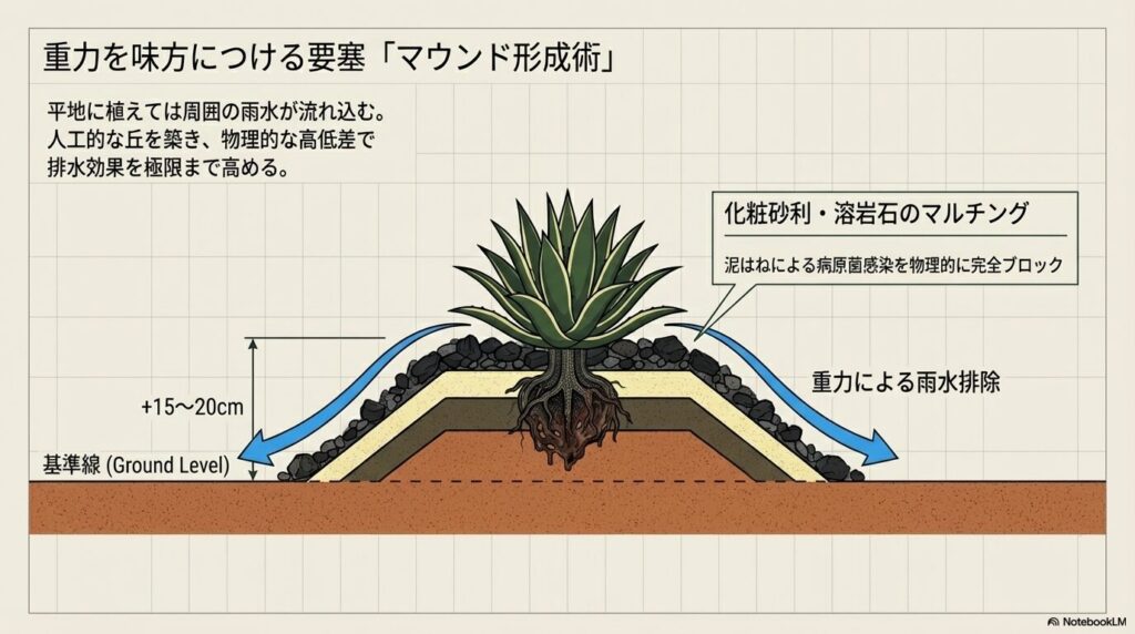 アガベの地植えで排水性を極限まで高めるマウンド形成術と化粧砂利のマルチング図解