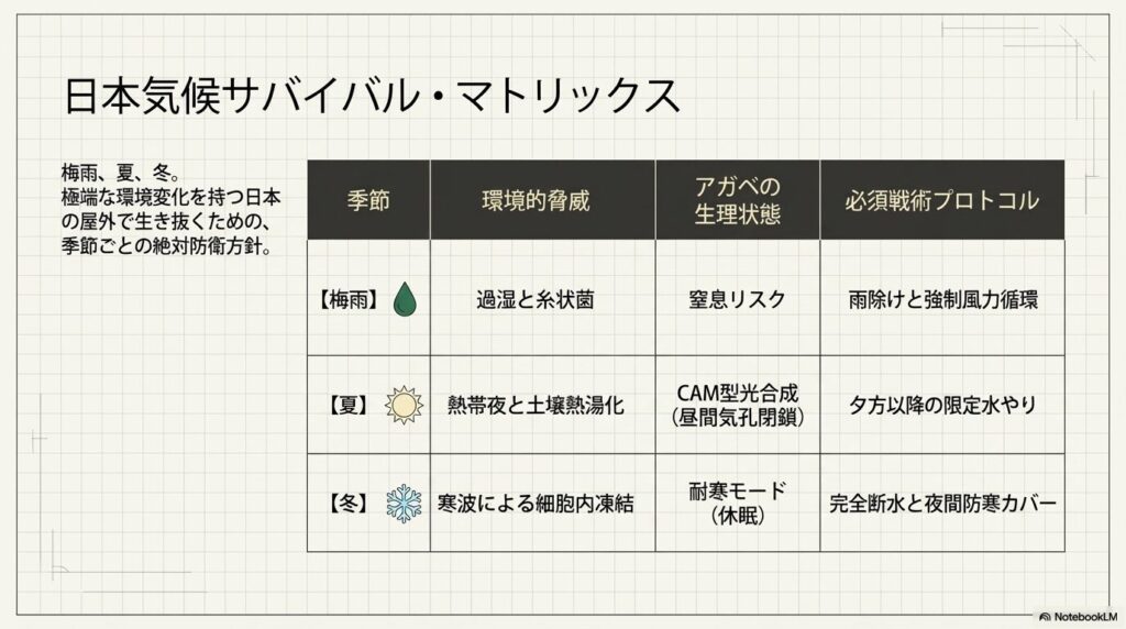 極端な環境変化を持つ日本の梅雨、夏、冬におけるアガベの環境的脅威と絶対防衛方針マトリックス