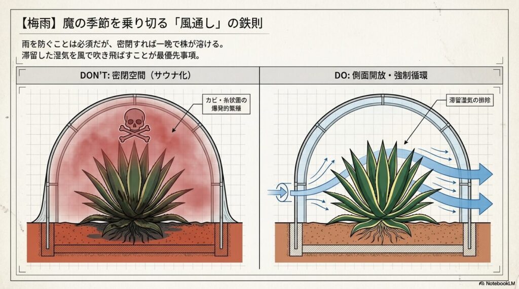 アガベの梅雨対策における雨除けの密閉リスクと、側面開放・強制風力循環の正しい手順