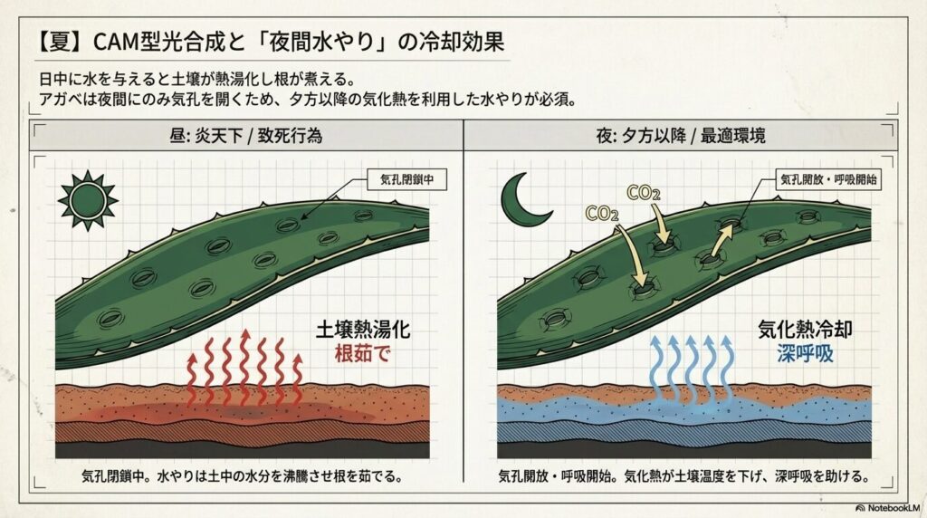 夏のアガベのCAM型光合成における昼間の気孔閉鎖と、気化熱冷却を狙う夜間水やりのメカニズム