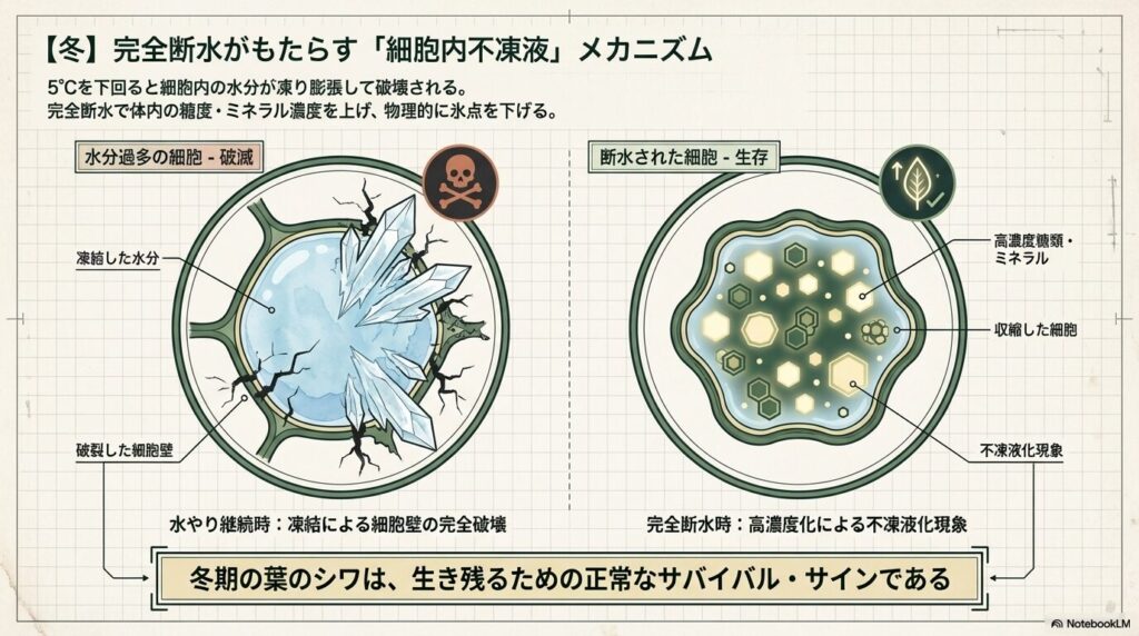 アガベの冬越しにおいて完全断水により体内の糖度・ミネラル濃度を上げ凍結を防ぐ不凍液化現象の仕組み