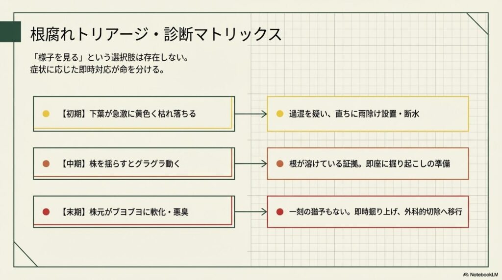 アガベの根腐れ進行度（初期・中期・末期）に応じた症状と即時対応を示すトリアージ・診断マトリックス