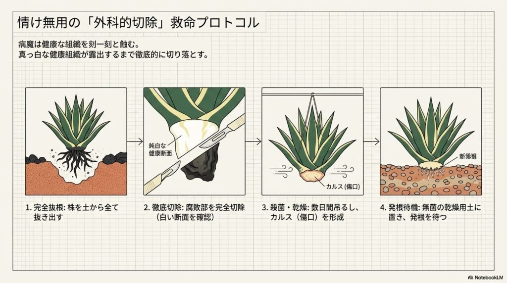 根腐れしたアガベを救うための完全抜根、腐敗部の徹底切除、乾燥によるカルス形成、発根待機までの4ステップ図解