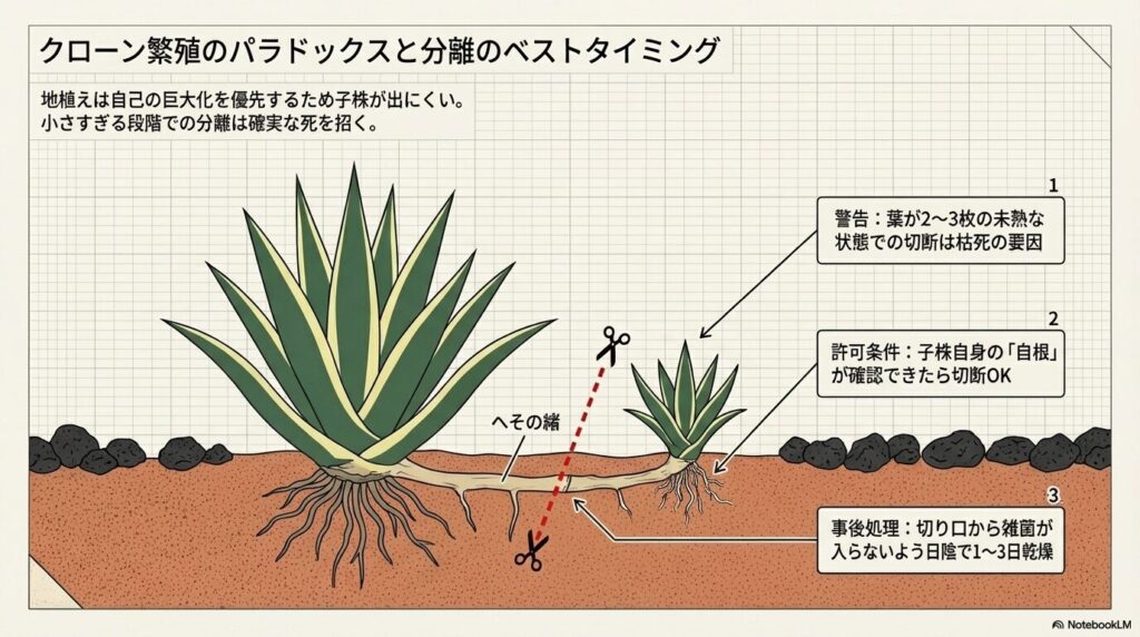 アガベの子株を分離する際の適切なタイミングと自根の確認、切断後の事後処理の手順
