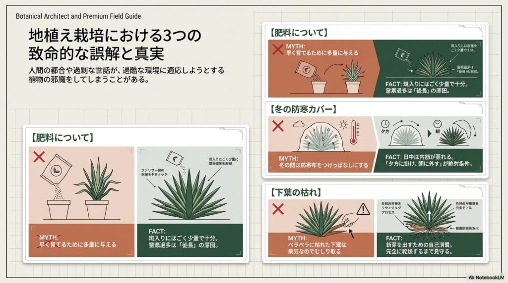アガベの地植え栽培における過剰な肥料、冬の防寒カバーの常時密閉、枯れた下葉の処理に関する3つの致命的な誤解と真実