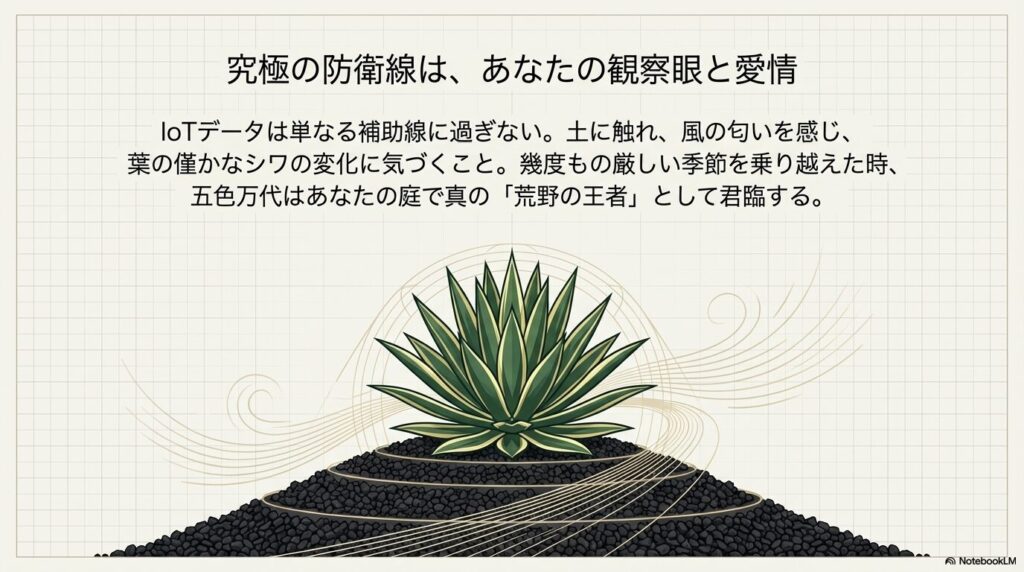 マウンドに美しく定着したアガベ五色万代の姿と、観察眼の重要性を示すイメージ