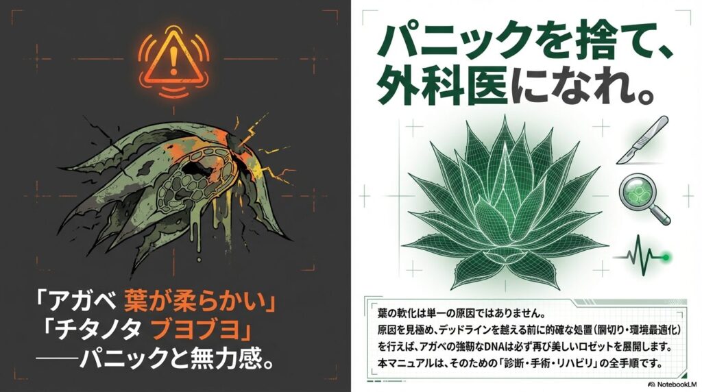 アガベの構造を解析するワイヤーフレームと外科手術をイメージしたメスとルーペ