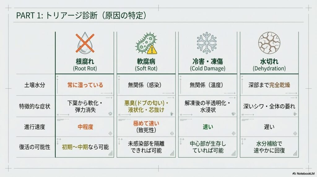 アガベがブヨブヨになる4つの原因（根腐れ、軟腐病、冷害、水切れ）のトリアージ診断表