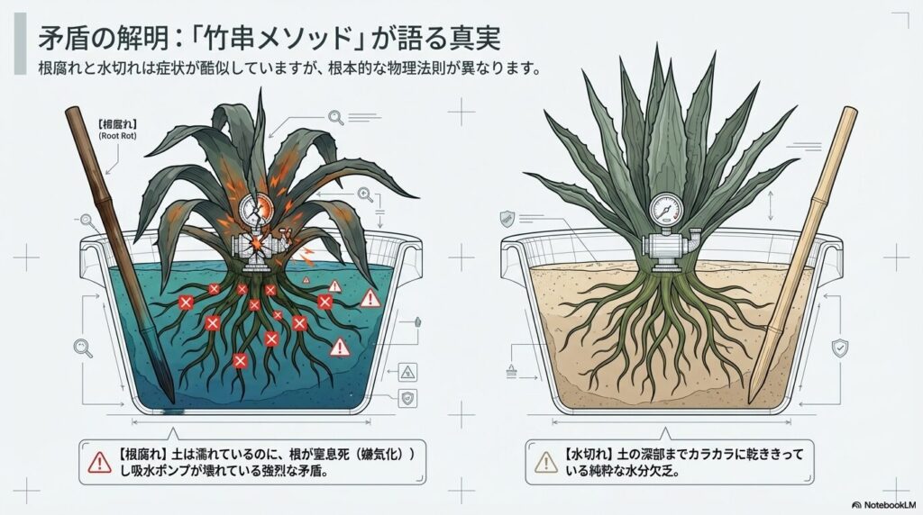 竹串メソッドを用いたアガベの根腐れと水切れの症状比較図