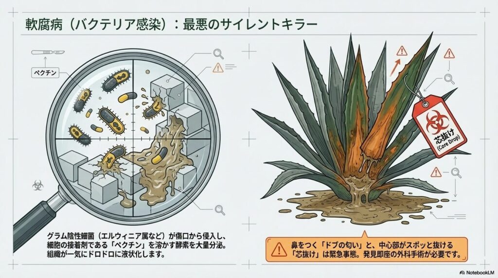 アガベの細胞を溶かす軟腐病菌と、中心部が抜ける芯抜け現象のメカニズム