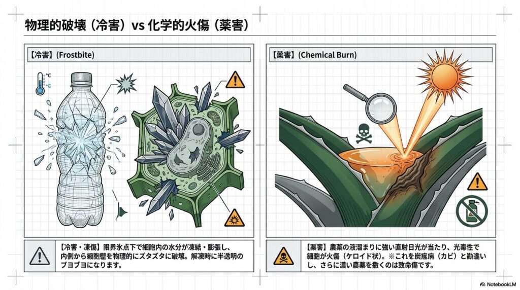 細胞内の水分凍結による冷害と、農薬と直射日光による薬害の物理的・化学的破壊の違い