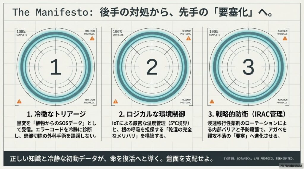 アガベを黒変から守るための冷徹なトリアージ、ロジカルな環境制御、戦略的防衛の3つの鉄則