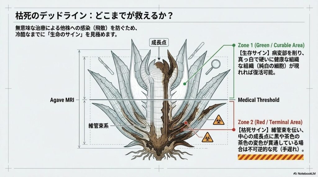 アガベの茎の断面から読み取る生存可能な純白の組織と枯死を意味する変色エリアの境界線