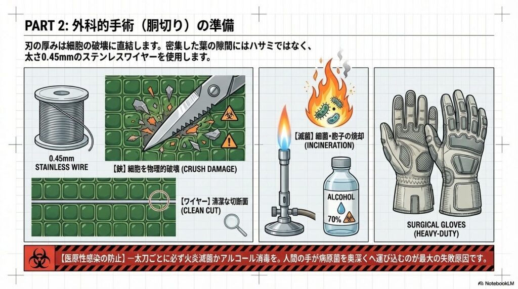 アガベの胴切り手術に必要な0.45mmステンレスワイヤー、消毒用アルコール、耐切創手袋