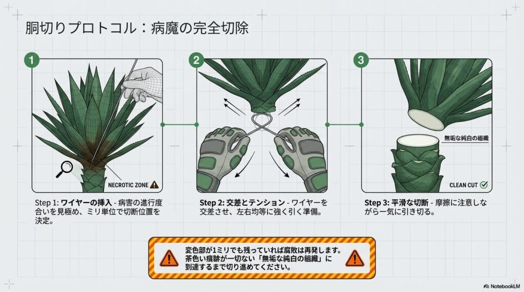 ステンレスワイヤーを交差させてアガベの健康な組織と病変部を平滑に切り離す胴切りの手順
