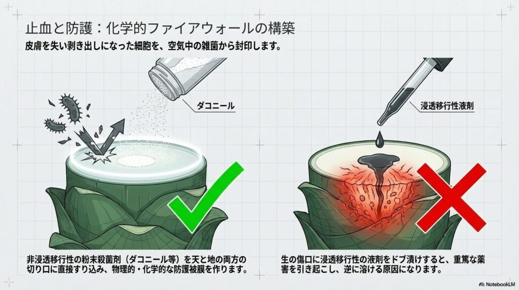 アガベの切断面にダコニールなどの粉末保護殺菌剤を塗布し、雑菌の侵入を防ぐ処置