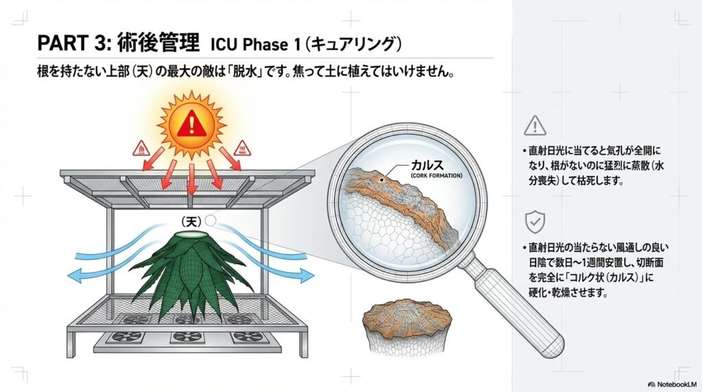 直射日光を避けた風通しの良い日陰でアガベの切断面を乾燥させるキュアリング環境
