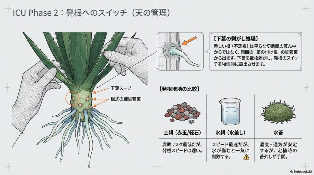アガベの下葉を剥がして維管束を露出させる発根のスイッチと、土耕・水耕・水苔の培地比較