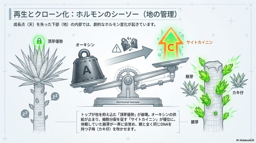 頂芽優勢の崩壊とサイトカイニンの活性化により、アガベの下部から子株（カキ仔）が発生するメカニズム