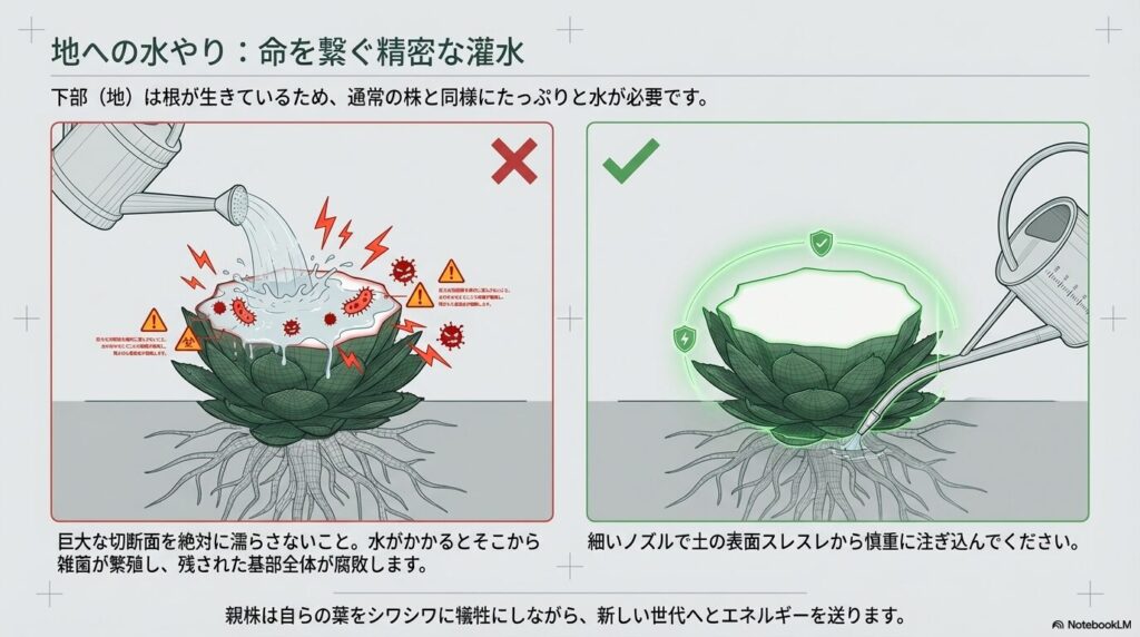 切断面を避けてアガベの下部（地）の根元にのみ細いノズルで慎重に水やりをする正しい方法