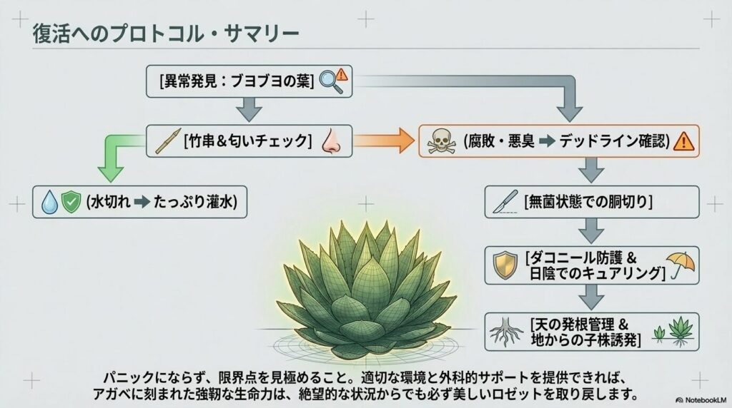 アガベの異常発見から原因特定、胴切り手術、発根管理、子株誘発までのプロトコルサマリーチャート