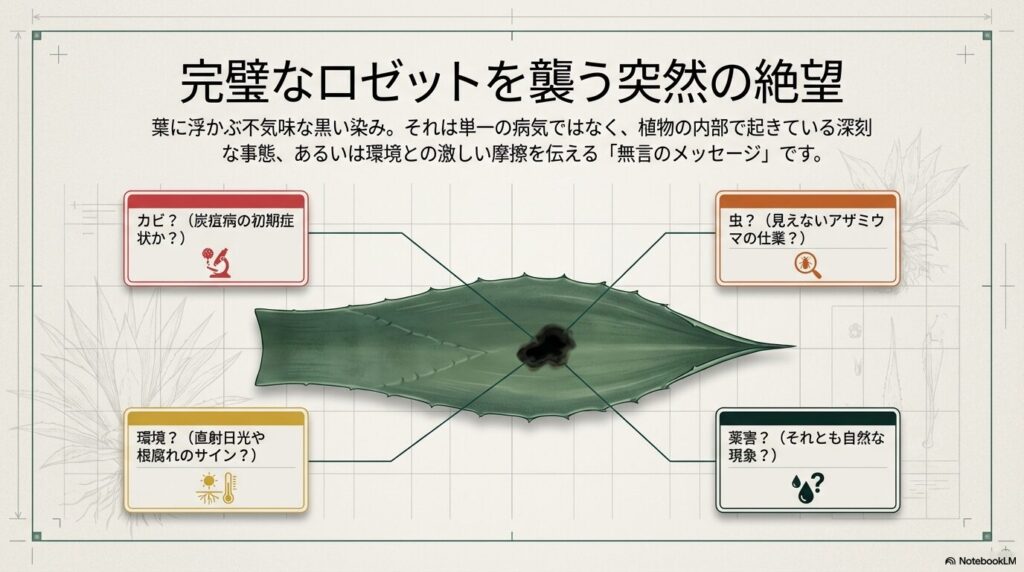 アガベの黒い点が発する4つのメッセージ（真菌感染、微小害虫、生理障害、遺伝的特徴）